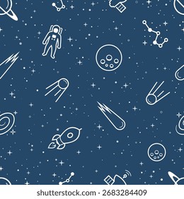 Padrão de espaço vetorial contínuo com ícones de arte de linha de planetas, foguetes e astronautas em fundo azul escuro