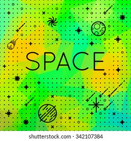 seamless vector space pattern. Polygonal illustration with stars and planets. Can use for prints, web, posters. Poster with inscription "Space". cosmos.