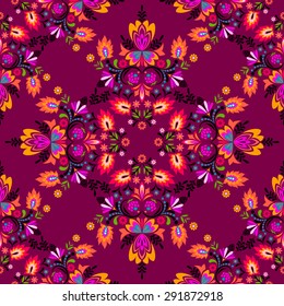 seamless vector spanish latin folk pattern. red spicy decorative floral motifs and swirls. 