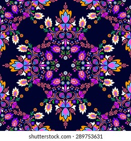 seamless vector spanish mexican tile pattern. Floral ornaments in dark diagonal dramatic layout. mirror composition, very decorative and embellished. for fashion or interior. 