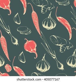 Seamless vector spices background on grey. Hand drawn illustration with hot spices in sketch style.Food seamless pattern. For prints. background, wrapping, fabric and other design.