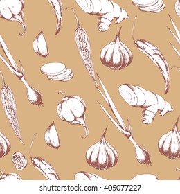 Seamless vector spices background on beige. Hand drawn illustration with hot spices in sketch style.Food seamless pattern. For prints. background, wrapping, fabric and other design.