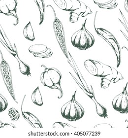 Seamless vector spices background on white. Hand drawn illustration with hot spices in sketch style.Food seamless pattern. For prints. background, wrapping, fabric and other design.