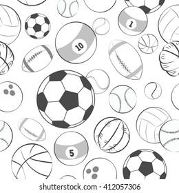 Seamless vector sports pattern. Sports balls icons in outline style on white background