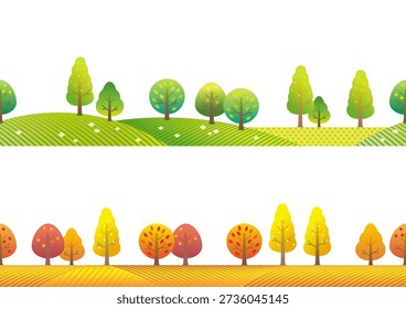Seamless Vector Spring And Autumn Landscape Illustration Isolated On A White Background. Horizontally Repeatable.