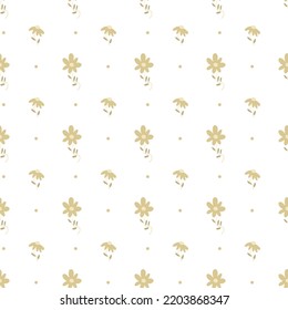 Seamless vector spring floral pattern with beige chamomile flowers on white background for new born baby apparel and wrapping or gift paper. 