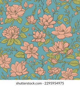 Seamless vector spring floral pattern. Magnolia branches with flowers and leaves