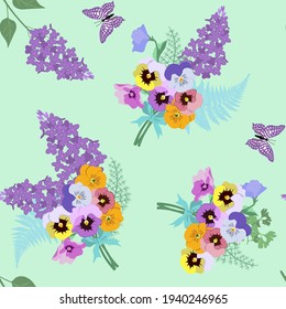 Seamless vector spring illustration with bouquet pansies, lilac and butterflies. For decorating textiles, packaging, web design.