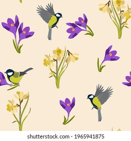 Seamless vector spring illustration with crocuses, narcissus and birds on a beige background. For decorating textiles, packaging, web design.