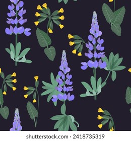 Seamless vector spring illustration with crocuses, plantain and birds. For decorating textiles, packaging, web design.