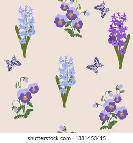 Seamless vector spring illustration with pansies and hyacinths on a beige background. For decorating textiles, packaging, web design.