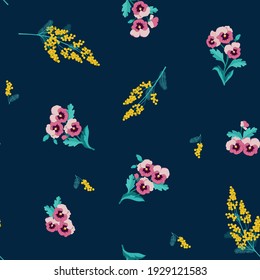 Ilustración de resorte vectorial sin foco con pantanos y mimosa sobre un fondo oscuro. Para decorar textiles, embalajes, diseño web.
