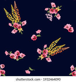 Seamless vector spring illustration with pansies and lupine on a dark background. For decorating textiles, packaging, web design.