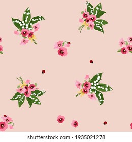 Seamless vector spring illustration with pansies, lily of the valley and ladybirds on a pink background. For decorating textiles, packaging, web design.