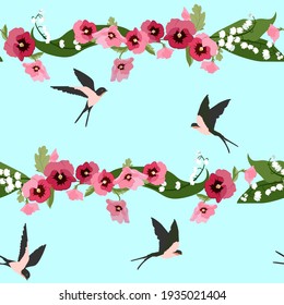 Seamless vector spring illustration with pansies, lily of the valley and swallows . For decorating textiles, packaging.