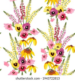 Ilustración de resorte vectorial sin soldadura con panes, rudbeckia y lupino sobre fondo blanco. Para decorar textiles, embalajes, papel pintado.