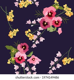 Seamless vector spring illustration with pansies and campanula on a dark background. For decorating textiles, packaging, web design.