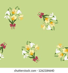 Seamless vector spring illustration with snowdrops and daffodils on green background. For decorating textiles, packaging, web design.