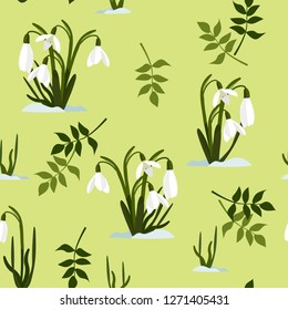 Seamless vector spring illustration with snowdrops . For decorating textiles, packaging, web design.