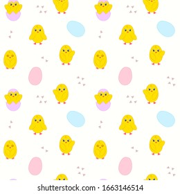 Seamless Vector Spring Pattern. Background with Cartoon Baby Chickens and Eggs. Illustration for Wrapping, Decoration, Invitations, Greeting Cards, Posters