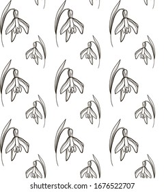 Seamless vector spring pattern with snowdrops. Outline flowers isolated on white background. Doodle style. Print for wallpaper, covers, wrapping paper, textile, fabric and backgrounds.