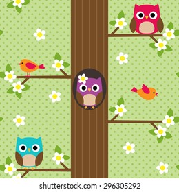 Seamless vector spring pattern with tree and owl sitting on branches