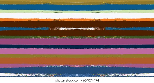 Seamless vector srtipy summer pattern. Blue, brown, white, pink, green sailor stripes. Hipster paintbrush lines background. Hand painted ink brush strokes. Stylish retro vintage stripes for a T-shirt.