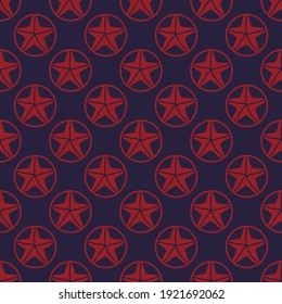 Seamless vector starfish pattern.  Nautical design with trendy geometric circles. Red star shapes on a navy blue background. Perfect for fashion, textile design, home decor, and cute themed fabric.