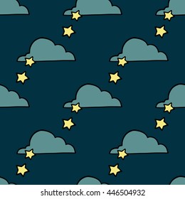 Seamless vector starlight night pattern. For baby clothes and textile. Clouds and stars illustration.