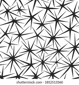 Seamless vector stars pattern. Thorn background. Prickle elements pattern. Black and white design for fabric, cover, textile, wrapping, web etc. 10 eps