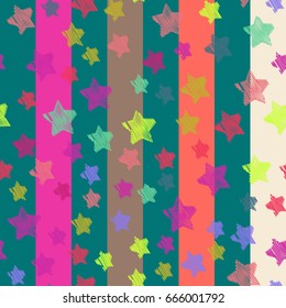 Seamless vector stars and stripes,  hipster pattern. Orange, pink, brown, white stripes on a turquoise background stripes. Fashion stripes in bright colors with stars. Children's fashion background