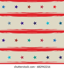 Seamless vector stars and stripes trendy hipster pattern. Blue, red stars and red stripes on a light brown background. Denim cowboy fashion design in American colors. American National day background.