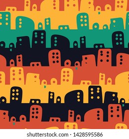A seamless vector stipes pattern with colorful cityscape. Surface print design.