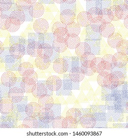 Seamless vector stipple geometric figures pattern. 10 eps Memphis background with multicolor chaotic rounds, squares and triangles. Dotted wallpaper. For design, fabric, textile, cover.