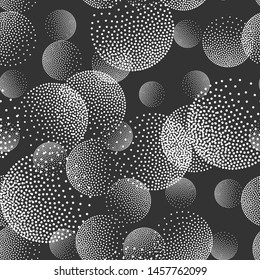 Seamless vector stipple rounds pattern. 10 eps abstract background with dotted shadow circles. Trendy geometric black and white wallpaper for design, cover, fabric, web, textile.