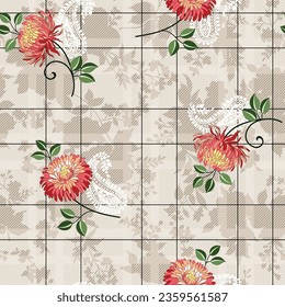 seamless vector stock orange flowers bunches pattern on stripe bandanna background