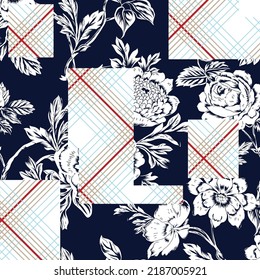 seamless vector stock white flowers leaves with stripe bandanna navy background