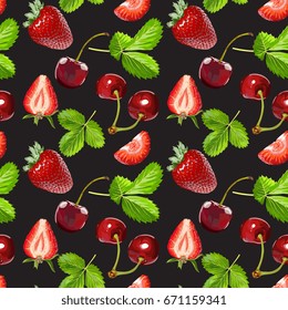 Seamless Vector Strawberries And Cherries Pattern