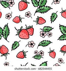 Seamless vector strawberry with leaves and flowers pattern