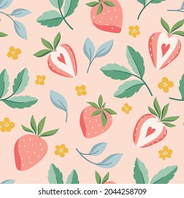 Seamless vector strawberry pattern.  Modern floral background with fruits, leaves. Modern template for social media, print, product, greeting cards.