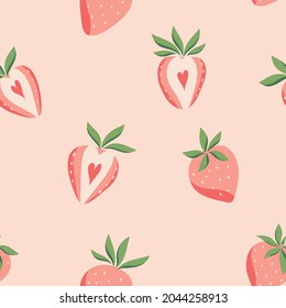 Seamless vector strawberry pattern.  Modern floral background with fruits, leaves. Modern template for social media, print, product, greeting cards.