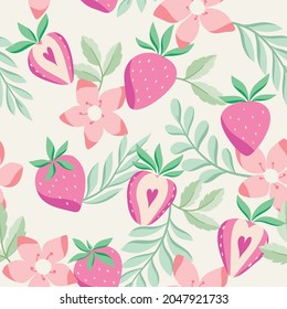 Seamless vector strawberry pattern.  Modern floral background with fruits, leaves. Modern template for social media, print, product, greeting cards.