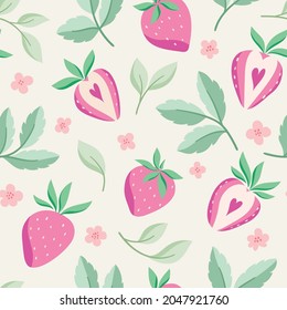Seamless vector strawberry pattern.  Modern floral background with fruits, leaves. Modern template for social media, print, product, greeting cards.