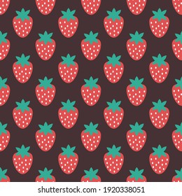 Seamless vector strawberry pattern.  Fruit design with trendy red and green strawberries with cute dots and leaves on neutral brown background. Perfect for fashion, textile design, decor and fabric.