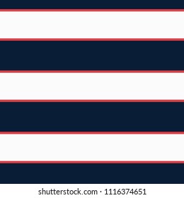 Seamless vector stripe nautical pattern with colored horizontal parallel stripes in red, navy and cream background. Surface pattern design.