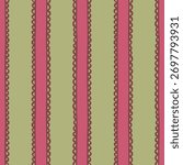 Seamless vector stripe pattern with pink ribbons and delicate sage green background. Elegant scalloped edges. Vintage design