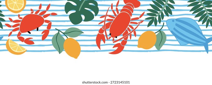 Borde de rayas de Vector sin costuras. Mediterráneo. Marcos caprichosos con langosta y cangrejos.