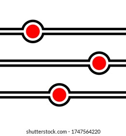 Seamless vector striped pattern. Black stripes flowing around red circles isolated on white background.  Red dots are surrounded by lines. Color geometric border for web, wallpaper, wrapping paper