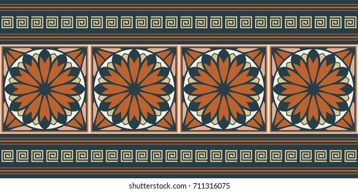 Seamless vector striped pattern. Fashion textile print with abstract flowers. Greek design. Greece meander fabric background. Retro colors.