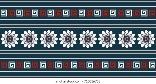 Seamless vector striped pattern. Fashion textile print with abstract flowers. Greek design. Greece meander fabric background. Retro colors.